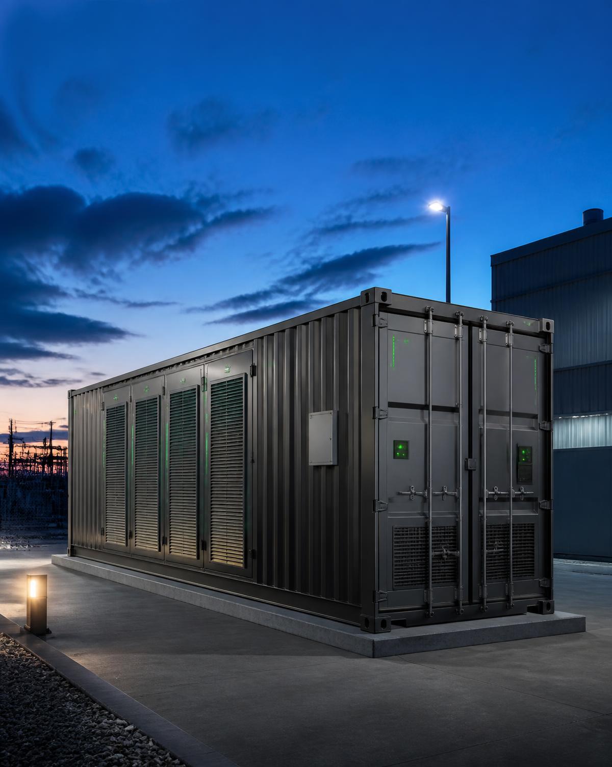 Containerized battery energy storage system at dusk